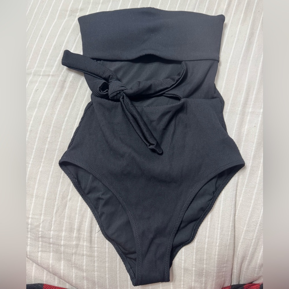 American Eagle Outfitters Black Ribbed One-Piece Swimsuit with Waist Tie